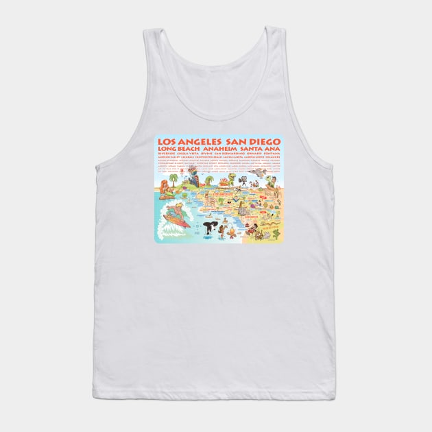 Cartoon Map of Southern California with List of Cities Tank Top by Lines